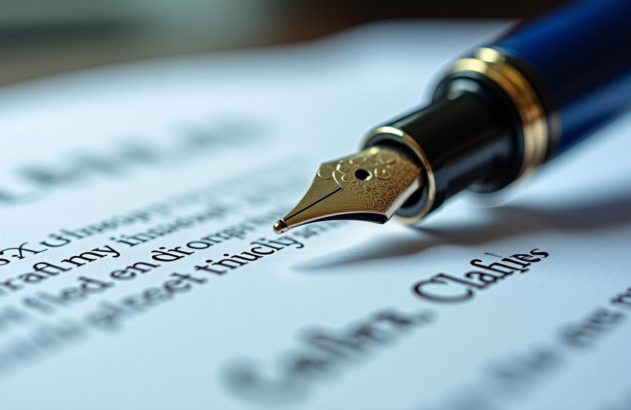 Close-up of a fountain pen on a complex legal document representing precision and security